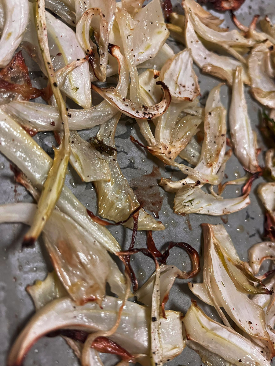well baked fennel slices, crispy and browned at the edges